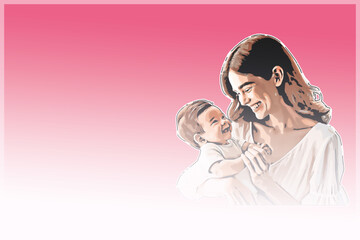 Tender mother with baby illustration, pink background for Mother's Day. Vector illustration