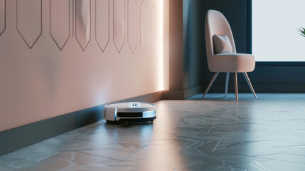 A wireless robot vacuum cleaner cleans the floor in the living room of an apartment. A modern vacuum cleaner cleans surfaces independently. Concept of cleaning, technology.