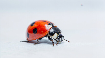 A ladybug is standing on a white surface. The ladybug is red and black