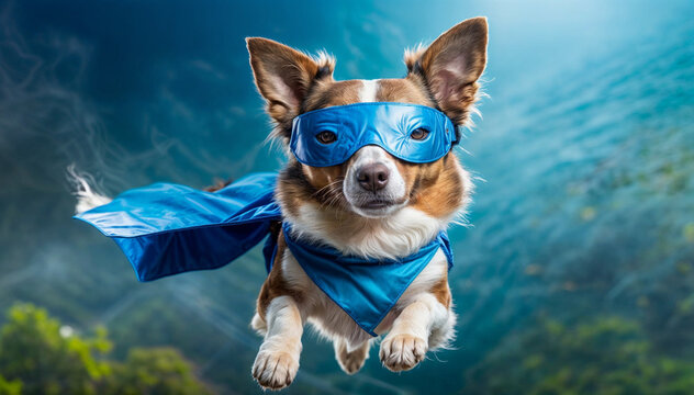 A dog wearing a blue cape and mask is flying through the air. The image has a playful and lighthearted mood, as the dog is dressed up like a superhero