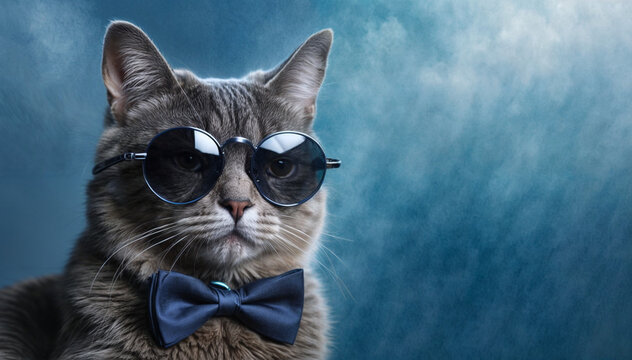 A cat wearing sunglasses and a bow tie is the main focus of the image. The cat is sitting on a blue background, which adds a sense of calmness and serenity to the scene