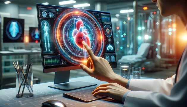 futuristic medical technology with a doctor interacting with a 3d holographic heart display, signifying advancements in digital health diagnostics medical technology 