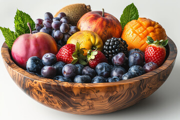 Assorted exotic fruits in a wooden bowl isolated on a white background. Concept of tropical flavors. Generative Ai.