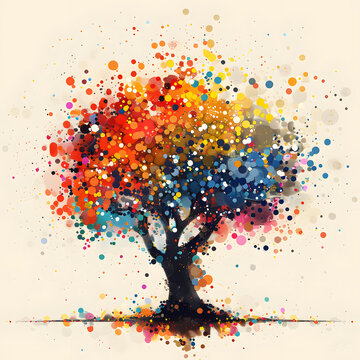 Art paint of a colorful tree on white background, depicting natures beauty