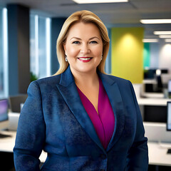 portrait/studio photograph/headshot of a smiling plump blonde businesswoman wearing colorful business attire magenta blouse and navy blue blazer in an office - confident, competent employee/executive