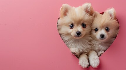 Puppy Love: Two Adorable Pomeranian Spitz Pups Peeking from Heart-Shaped Hole on Pink Background with Copy Space - obrazy, fototapety, plakaty
