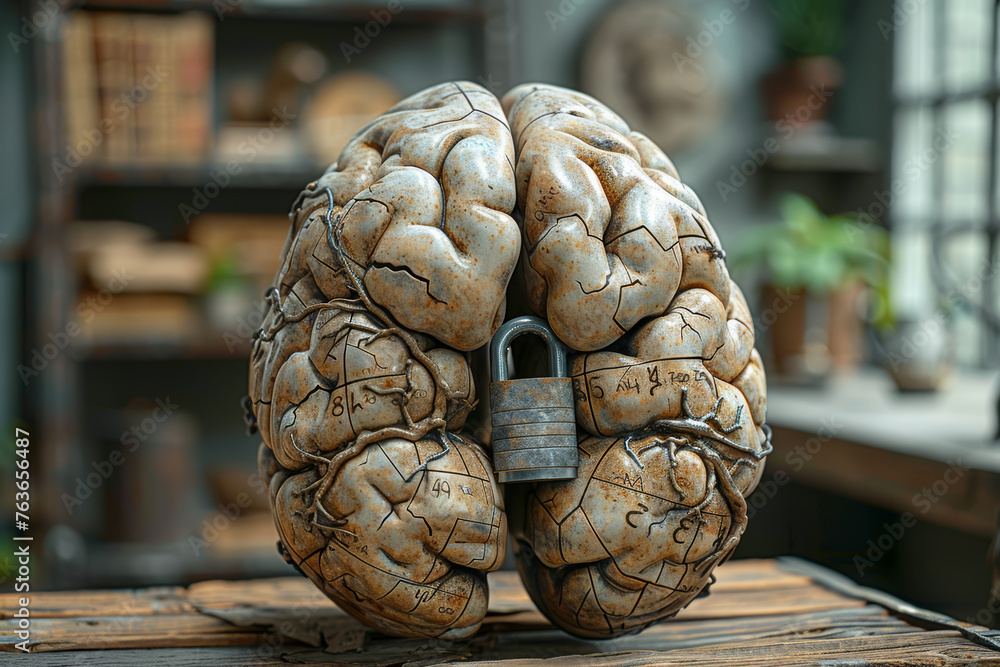 Poster lock shaped like a human brain with an open padlock, representing unlocking one's potential. concept