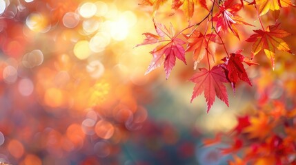 Autumnal End-of-Year Web Banner: Vibrant Red and Yellow Maple Leaves with Soft Focus Bokeh Background