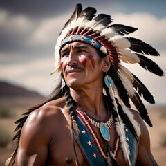 Retrato de un nativo americano con gorro penacho de plumas. - obrazy, fototapety, plakaty
