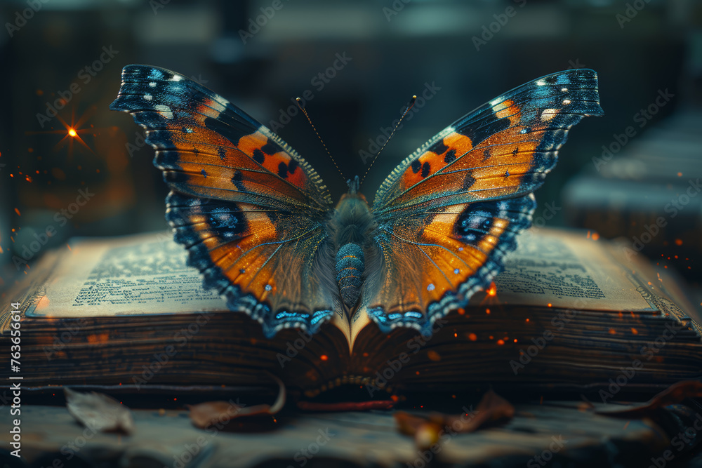 Poster a book transforming into a butterfly upon being opened, representing the beauty of knowledge. concep