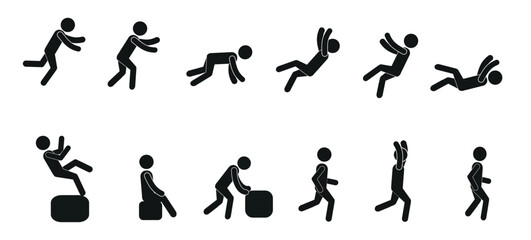 Various poses of a person, a person walks, runs, falls, sits. Runner, pictogram, silhouette of a human figure, stick man