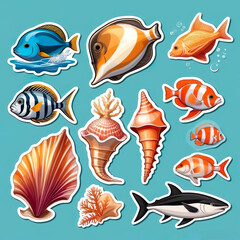 Naklejka premium Diseño de pegatinas mar peces caracolas concha y coral