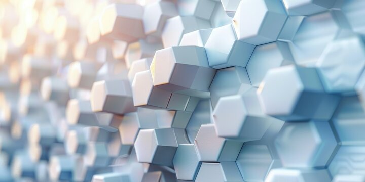 Abstract hexagonal geometric background with a blue to orange gradient, depicting a futuristic or technological concept.
