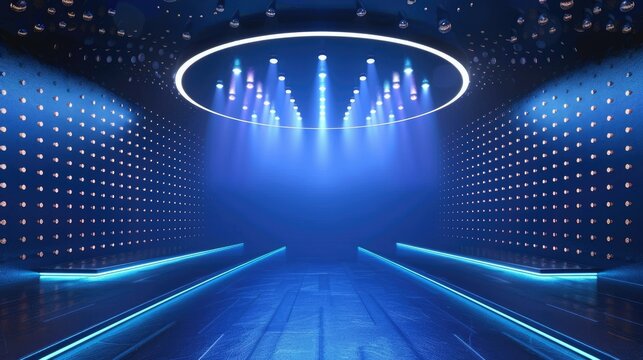 Futuristic blue stage with neon lights and glowing LED floor, empty show or event background.