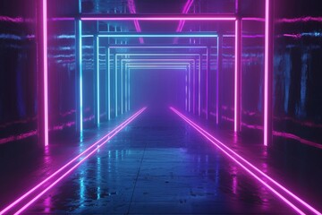 3D render of an abstract neon tunnel with glowing blue and pink lights reflecting on wet floor.