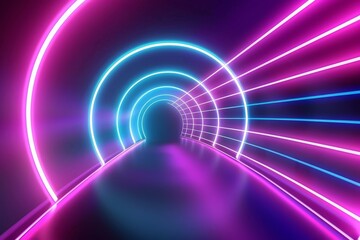 Neon-lit passage with blue and magenta light bars in a wet, reflective underground setting.