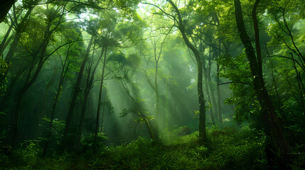 Fototapeta na wymiar Sunlight Breaking through Foggy, Lush Green Forest: A Celebratory Depiction of Nature's Splendor