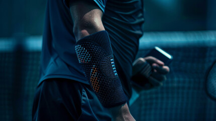 A closeup of a breathable arm sleeve worn by a tennis player featuring embedded sensors to track arm movement racket speed and swing angle. The data is displayed on a handheld