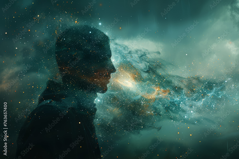 Poster a person's silhouette dissolving into a swarm of pixels, symbolizing the integration of the digital 
