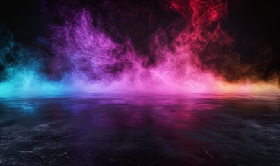 Multicolored smoke swirls rising ethereally above a dark reflective floor.