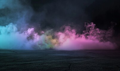 Vibrant haze of pink and teal smoke casting reflections on a sleek, dark surface.