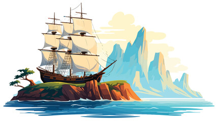 Old-fashioned ship sailing near a cliff island. fla - obrazy, fototapety, plakaty