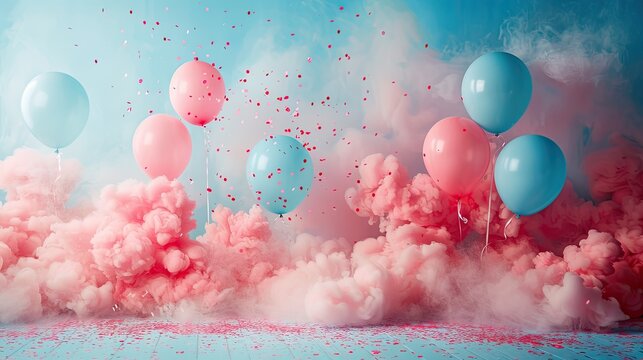 gender reveal backdrop featuring pastel blue and red smoke clouds festive balloons and confetti