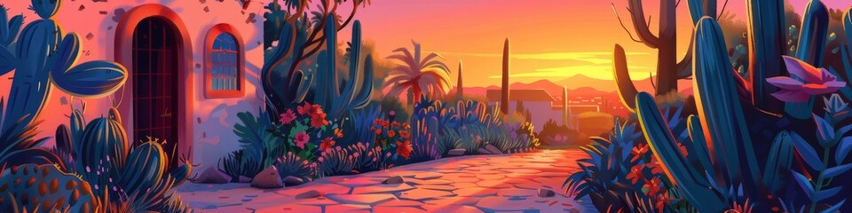 A painting depicting a pathway leading to a building, surrounded by lush greenery and clear skies. Cinco de Mayo theme. Banner.