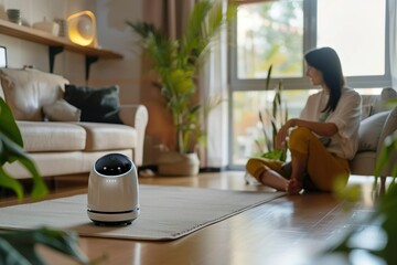 AI robot assistant helping a person with daily tasks in a smart living environment