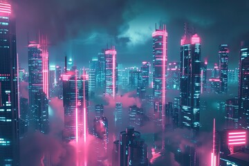 Fototapeta na wymiar A futuristic city skyline illuminated by vibrant neon lights at night