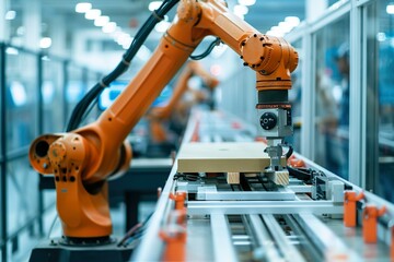 Robotic arm working on assembly line in a modern manufacturing facility