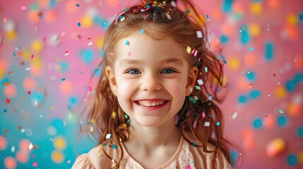 Joyful Celebration: Happy Birthday Girl with Colorful Confetti on Background - obrazy, fototapety, plakaty
