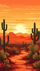 Fotobehang Realistic depiction of a desert landscape at sunset in Mexico, featuring cactus trees under a colorful sky. Cinco de Mayo theme. © keystoker