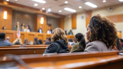 A courtroom scene where environmental justice is being sought after, with advocates passionately defending affected communities. The judge presides over the trial, gavel in hand - obrazy, fototapety, plakaty