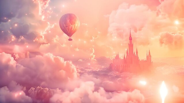 Hot Air Balloon over Fantasy Castle in Clouds with Ai generated.
