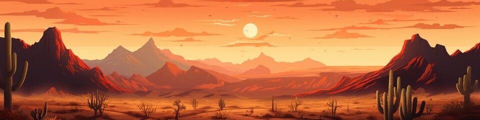 A desert landscape featuring mountains in the background and cactus trees in the foreground under a sunset sky. Cinco de Mayo theme. Banner. Copy space.