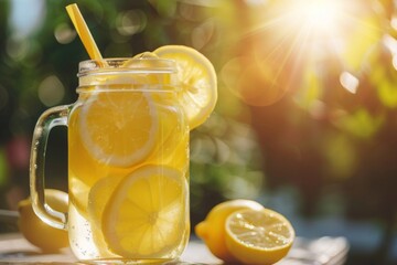 Refreshing Lemonade in Mason Jar with Slices of Lemon, Summer Drink