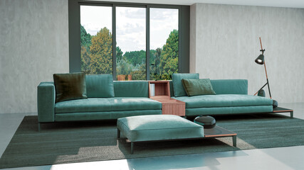 Large luxury modern bright interiors Living room mockup illustration 3D rendering image