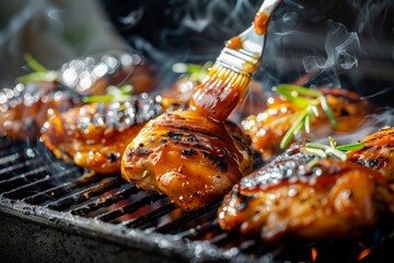 Glazed Barbecued Chicken Thighs on Grill - obrazy, fototapety, plakaty