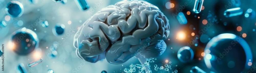 Poster 3d human brain with neural network animation - stunning visual of a 3d human brain surrounded by abs