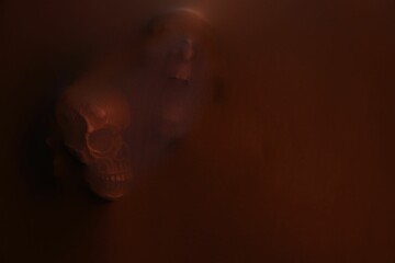 Silhouette of creepy ghost with skulls behind brown cloth. Space for text
