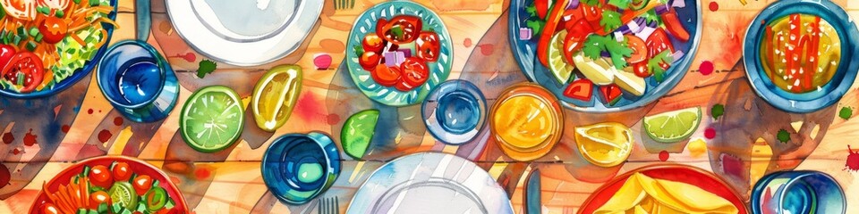 A watercolor painting featuring a Cinco de Mayo festive table setting with a bunch of plates hanging on a wall. Banner.