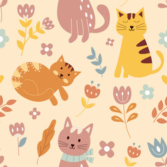 Seamless pattern of cute cartoon cat illustration