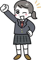 笑顔でガッツポーズをしている高校生の女の子(全身・ブレザー)