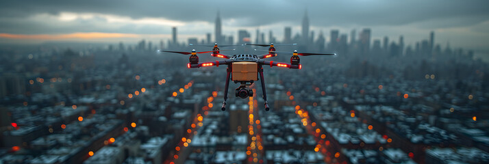 The Drone Superior Flying Over the City and Delivering,
A swarm of  drones autonomously coordinating in a search and rescue operation in a rugged terrain
 - obrazy, fototapety, plakaty