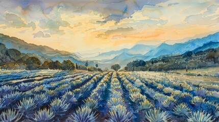 A painting depicting a field filled with vibrant blue agave under a clear sky, showcasing the beauty of nature. Cinco de Mayo theme.