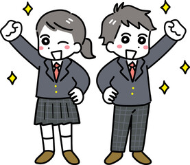 笑顔でガッツポーズをしている高校生の男女(全身・ブレザー)