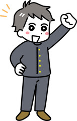 笑顔でガッツポーズをしている中学生の男の子(全身・学ラン)