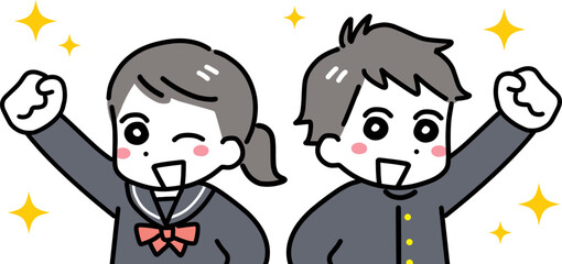 笑顔でガッツポーズをしている中学生の男女(上半身)