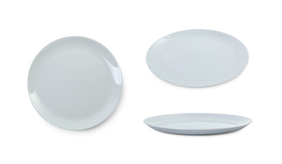 Empty ceramic plate isolated on white, set with different views